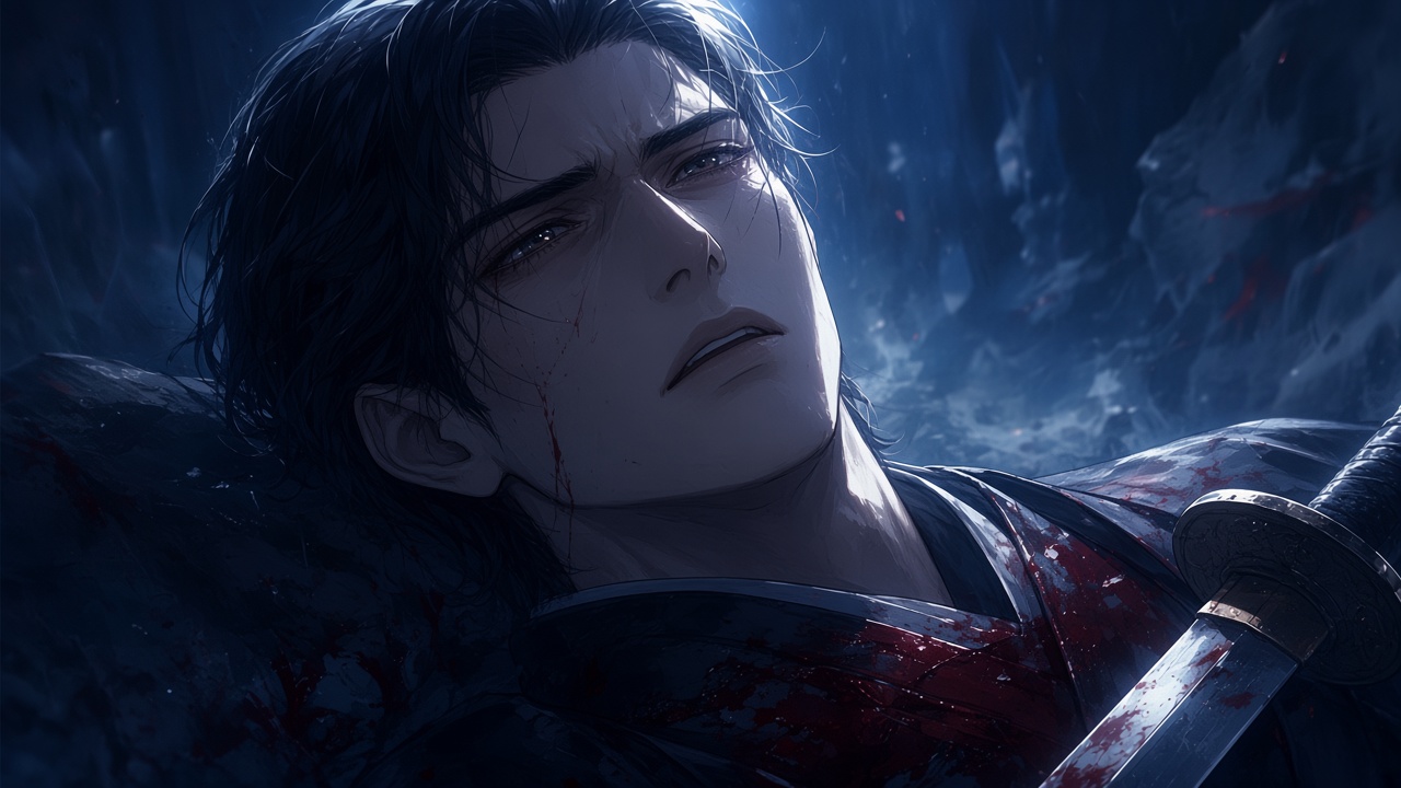 K-drama emotional close-up: Bidam dying slowly, blood on black robe, eyes full of profound sadness and betrayal by his former best friend, expression of heartbreak