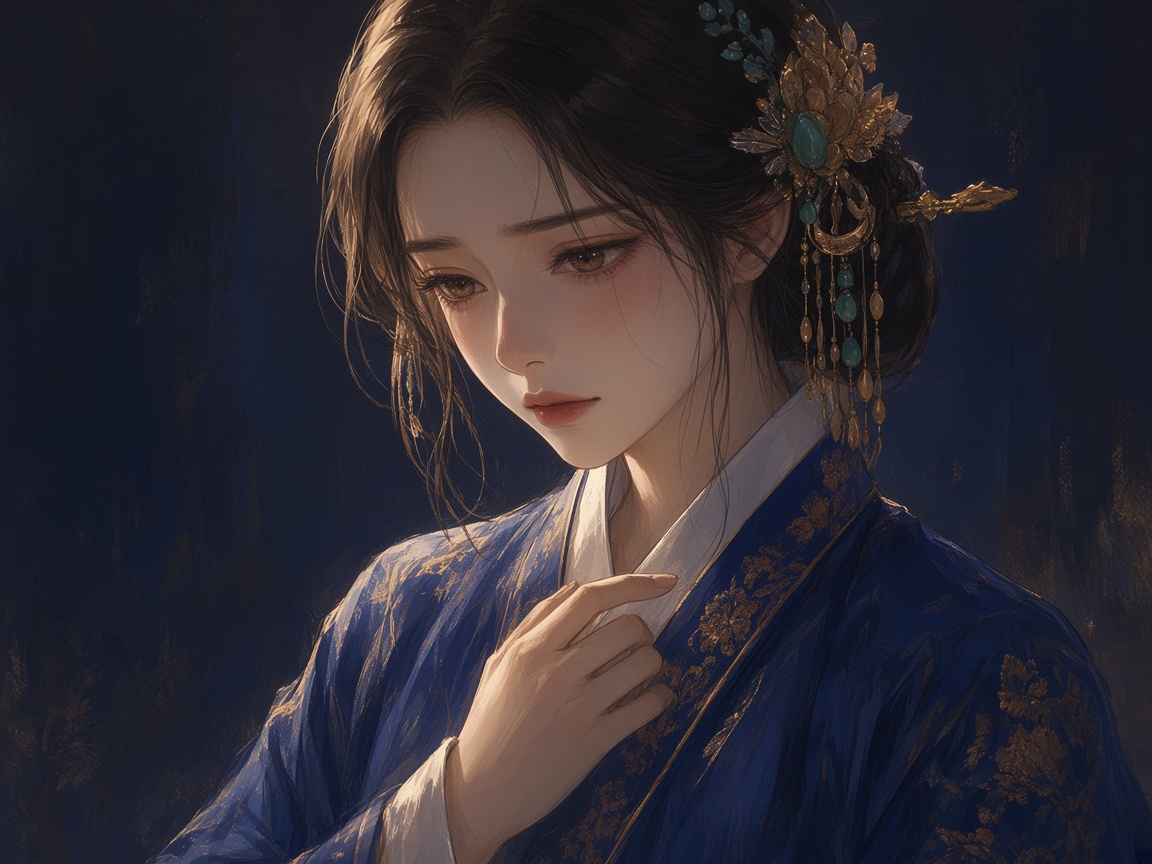 K-drama emotional close-up: Queen Sunduk with deep regret and remorse, looking down and away, the weight of missed opportunity for love visible in her expression