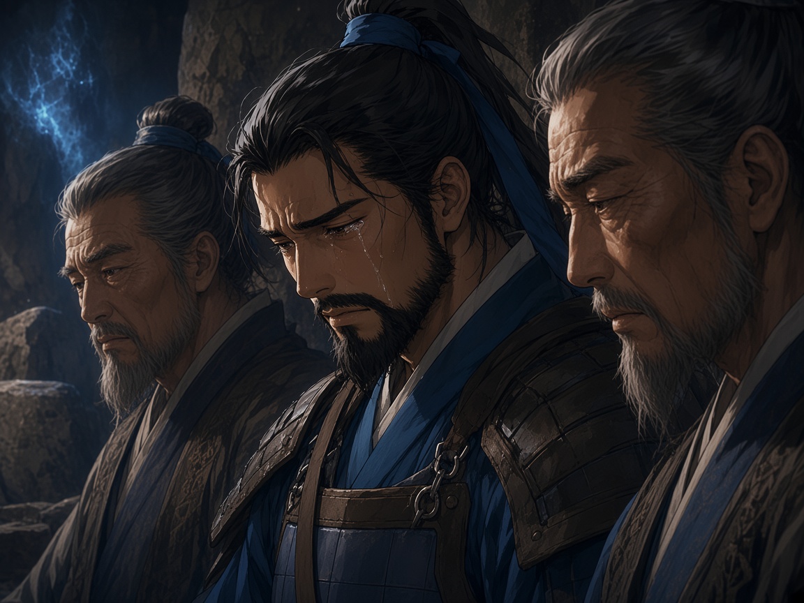 K-drama emotional close-up: Yushin at the sacred cavern, tears welling in his eyes, father and grandfather in profile beside him — three generations of warriors, the weight of legacy