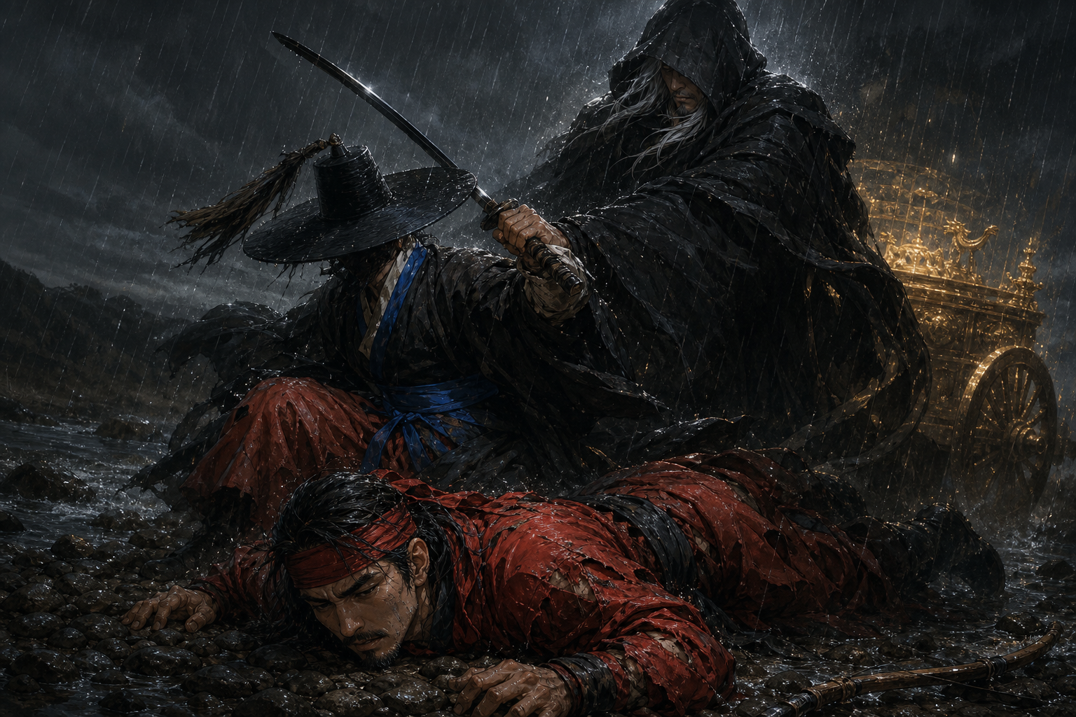 Haemosu in a billowing dark cloak grips Haewonmek’s sword-arm mid-strike as Jumong lies pinned on the wet river stones