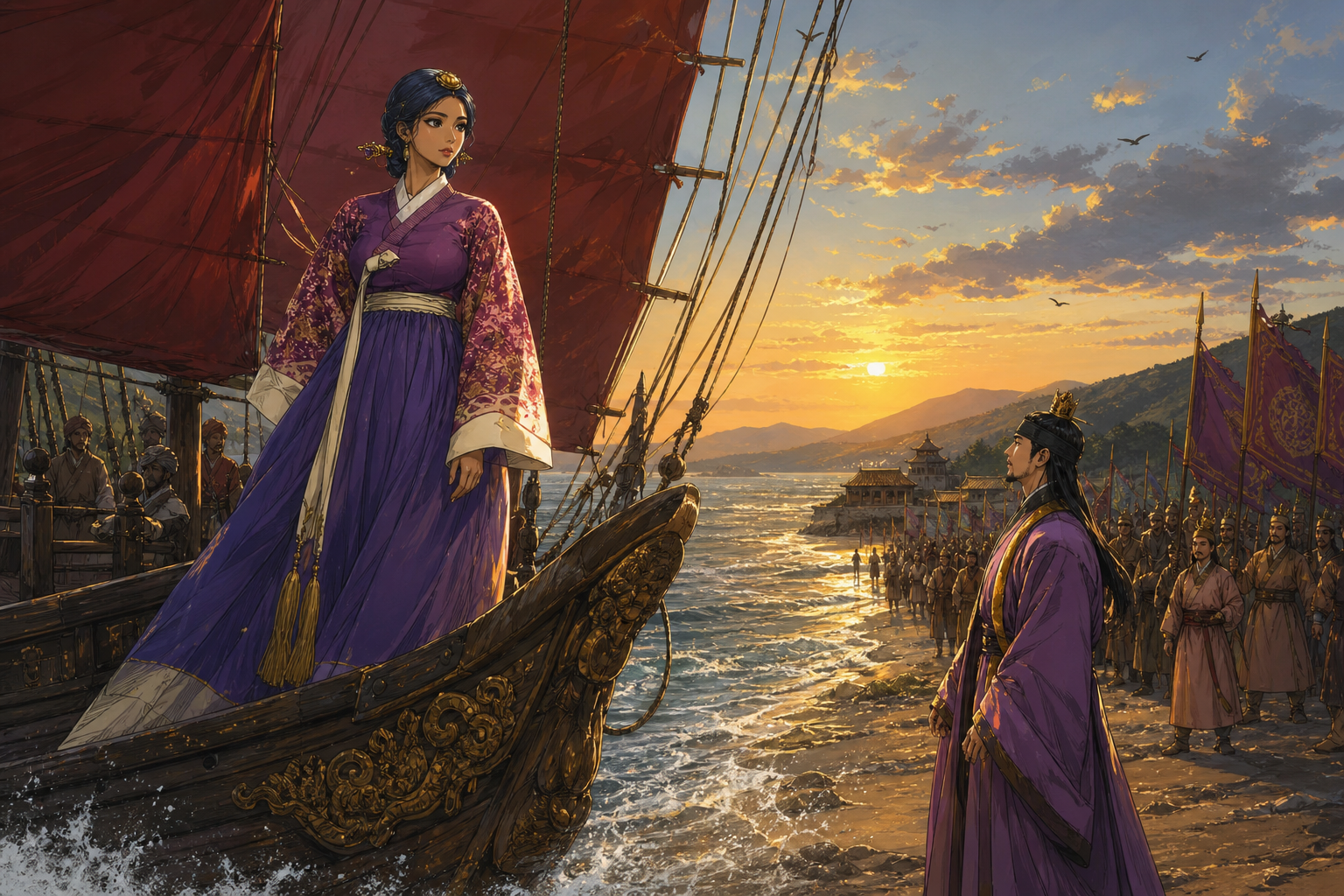Princess Heo Hwangok arrives at twenty-one on a red-sailed ship from Ayuta