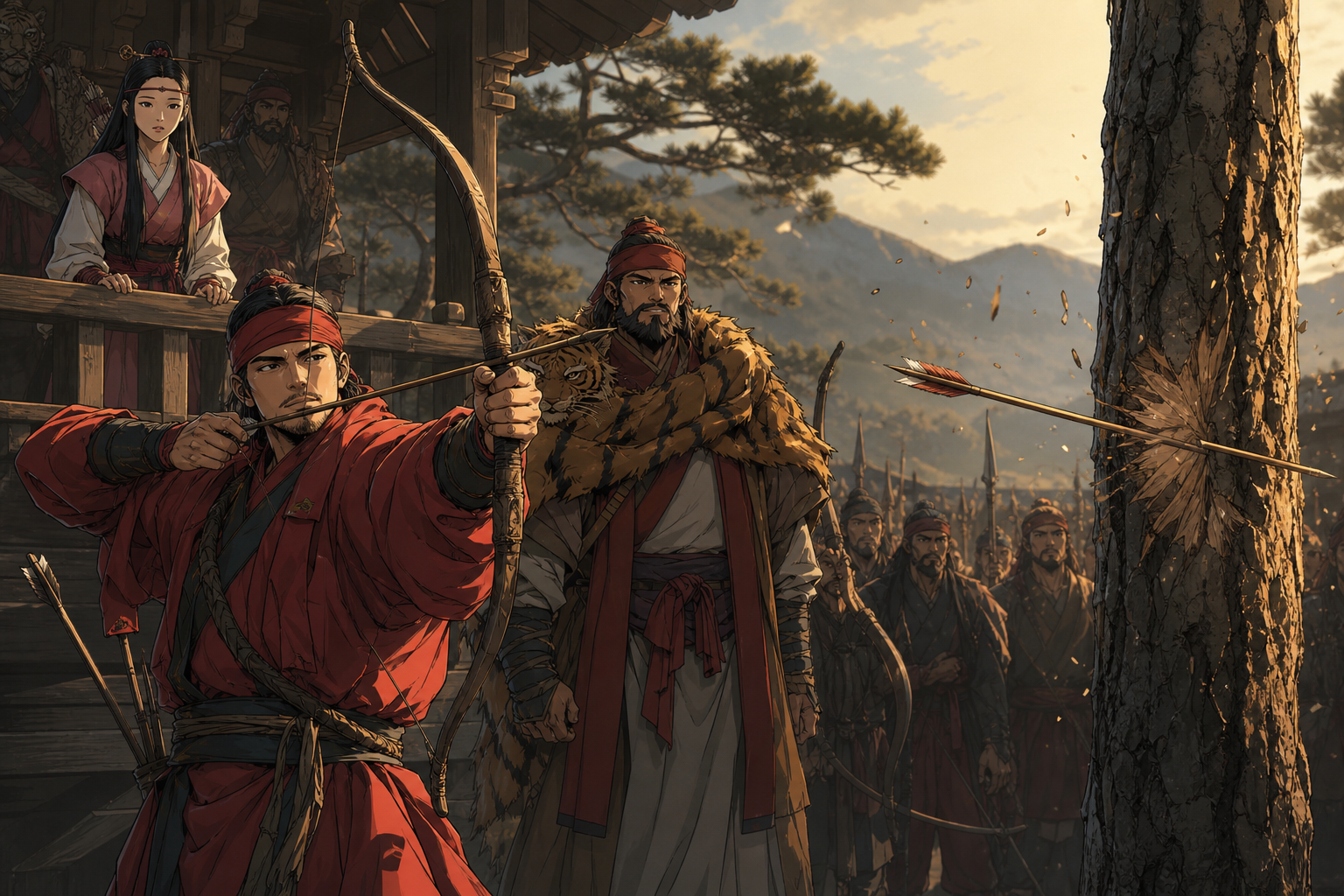 Jumong's arrow splits Yeon Tabal's shaft down the middle at a hundred paces — the hall falls silent