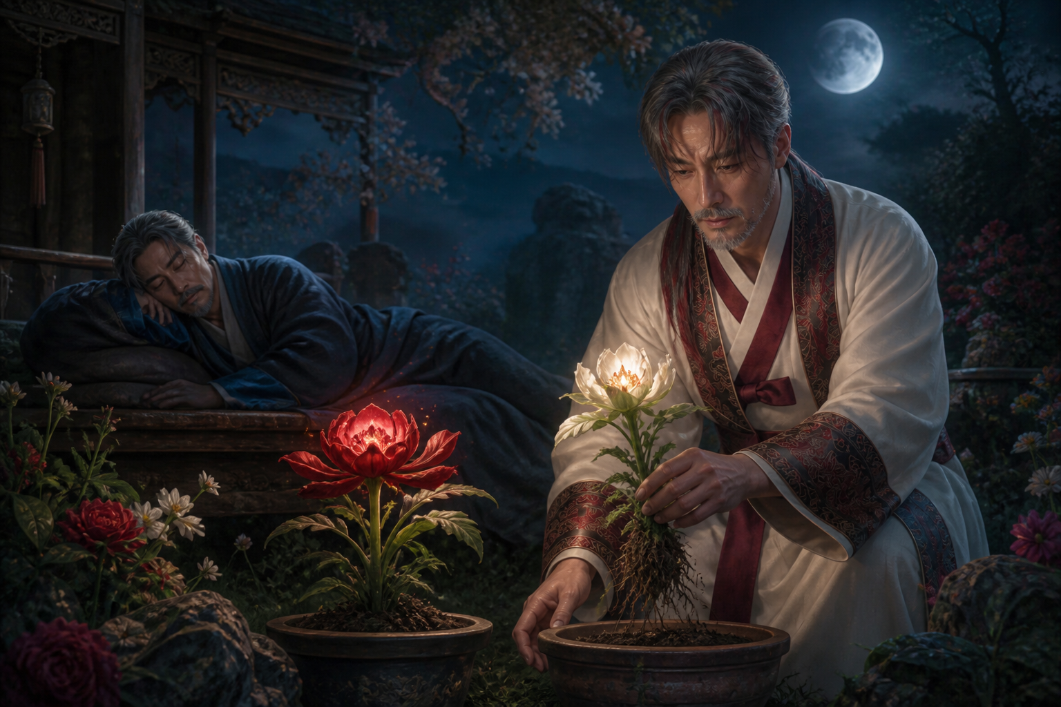 Little Star swaps the flowers while the elder sleeps — the cheat that gives him the living world