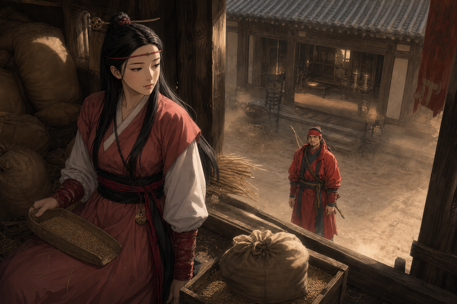 Sosuno on the Jolbon grain porch stops counting as Jumong enters the hall below