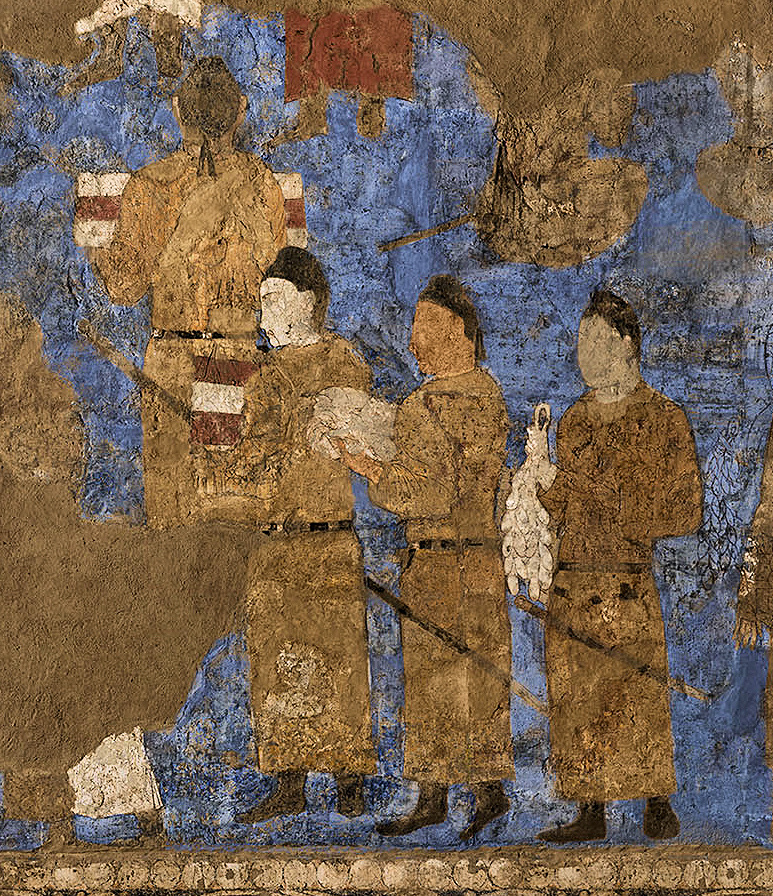 Tang envoys on the same Afrasiyab wall as the two Korean envoys, carrying bolts of silk and a string of silkworm cocoons. They wear the plain round-collared robe, the belt and the black futou cap of a Tang official on the road.
