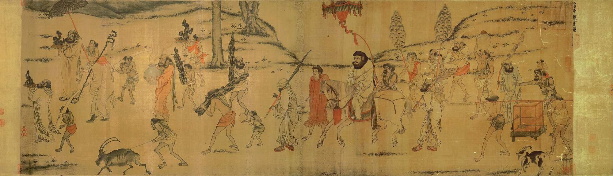 Tribute bearers from the far south and west carrying rocks, tusks, a parasol and a caged bird to the Tang court, painted by Yan Liben in 631 and known from a Song copy. This is how Taizong’s court liked to see the world arriving.