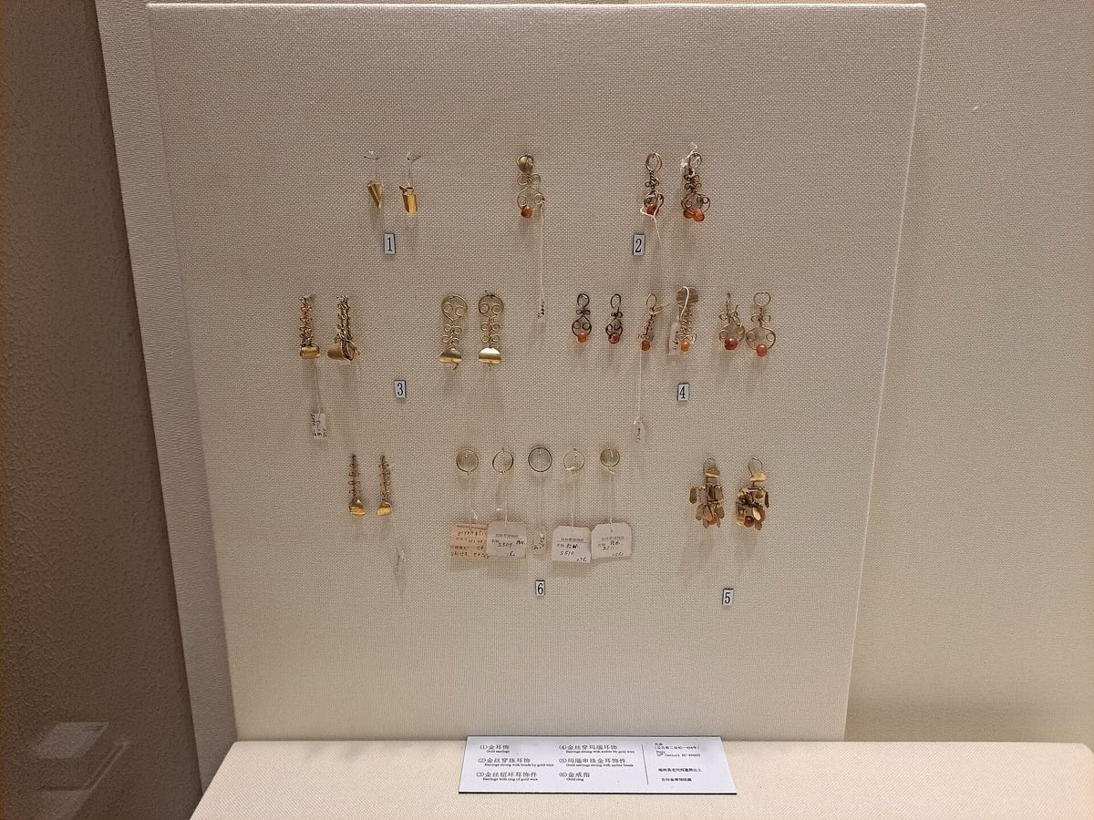 Gold earrings, earrings of amber and agate beads strung on gold wire, and gold finger rings from the Buyeo cemetery at Laoheshen, Yushu, Jilin Province. They show that Buyeo men and women wore beaded gold earrings centuries before the Three Kingdoms’ goldwork.