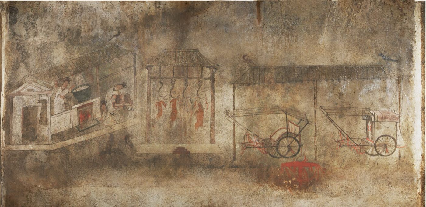 Women at work in the kitchen and storehouse of the household in Anak Tomb No. 3: cooking at a stove with a steamer and preparing food, beside a meat store and a carriage shed. Working women wear short jackets, skirts and head cloths.