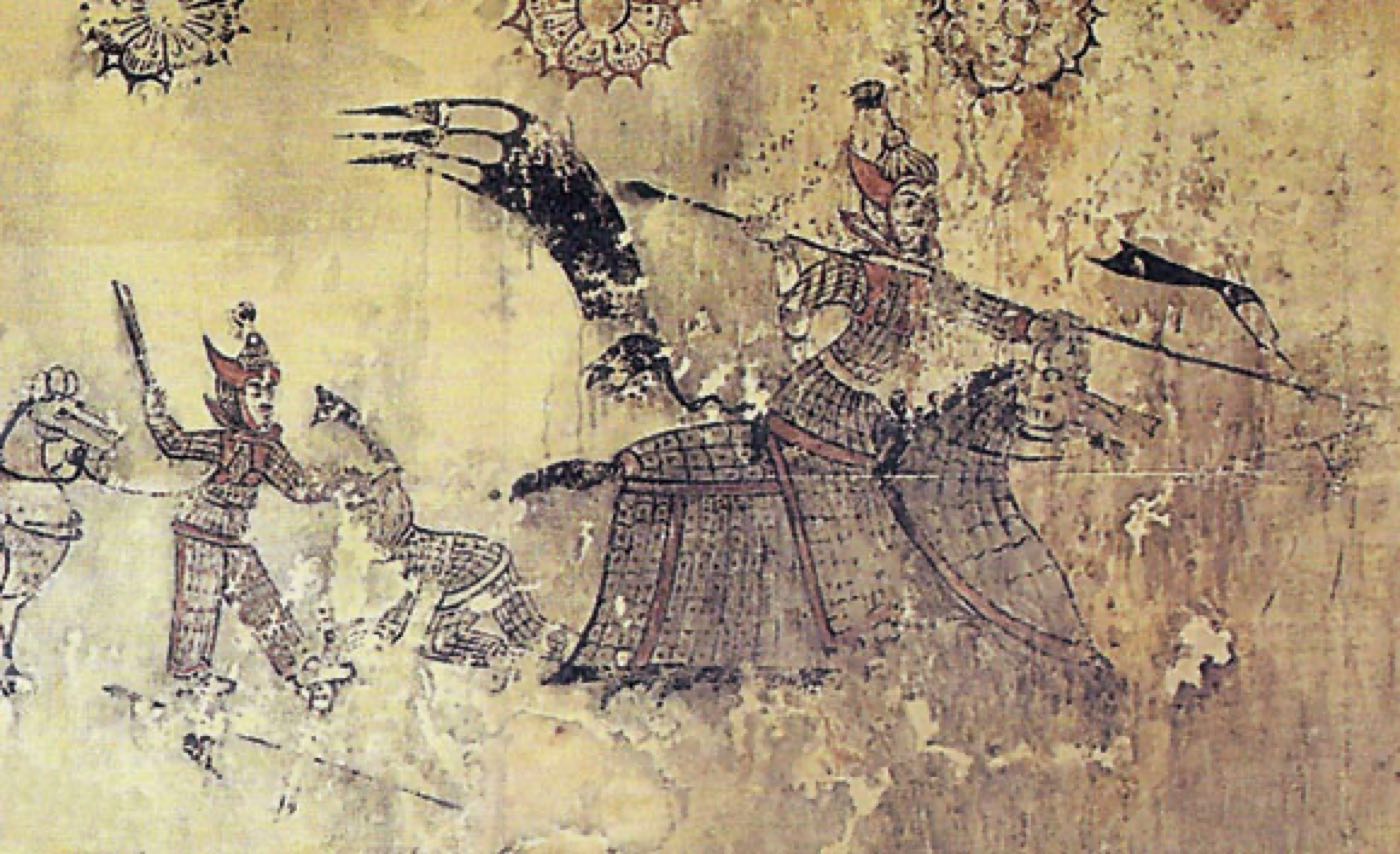 Battle scene from a Goguryeo tomb mural at Ji’an: a rider in lamellar armour on an armoured horse charges with a lance while warriors fight on foot. Armoured cavalry of this kind were the core of Goguryeo’s army.