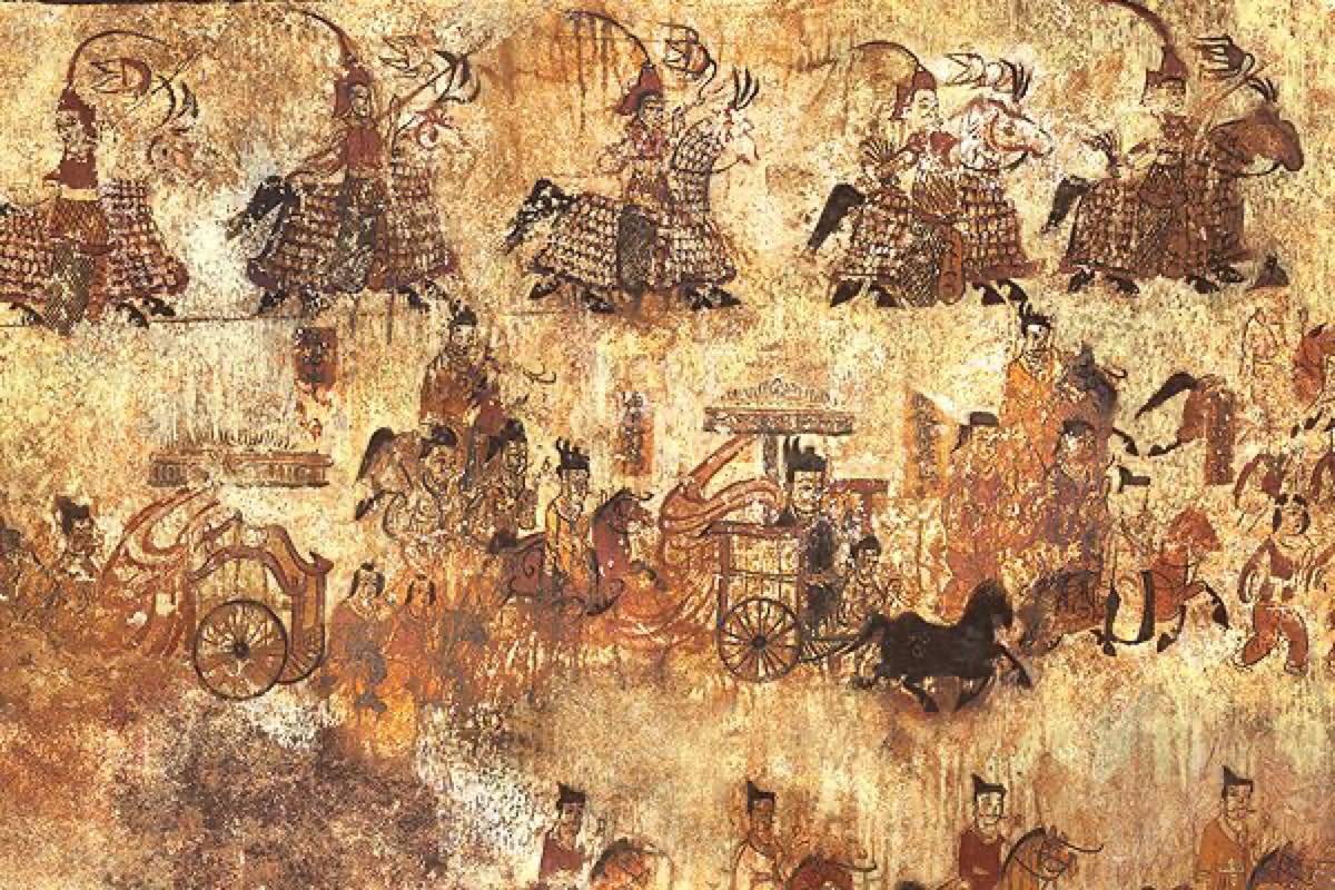 Part of the great procession in the Deokheung-ri tomb near Pyongyang, dated by inscription to 408. Officials ride in ox-carts and on horseback, escorted by armoured cavalry and men on foot in jackets and trousers.