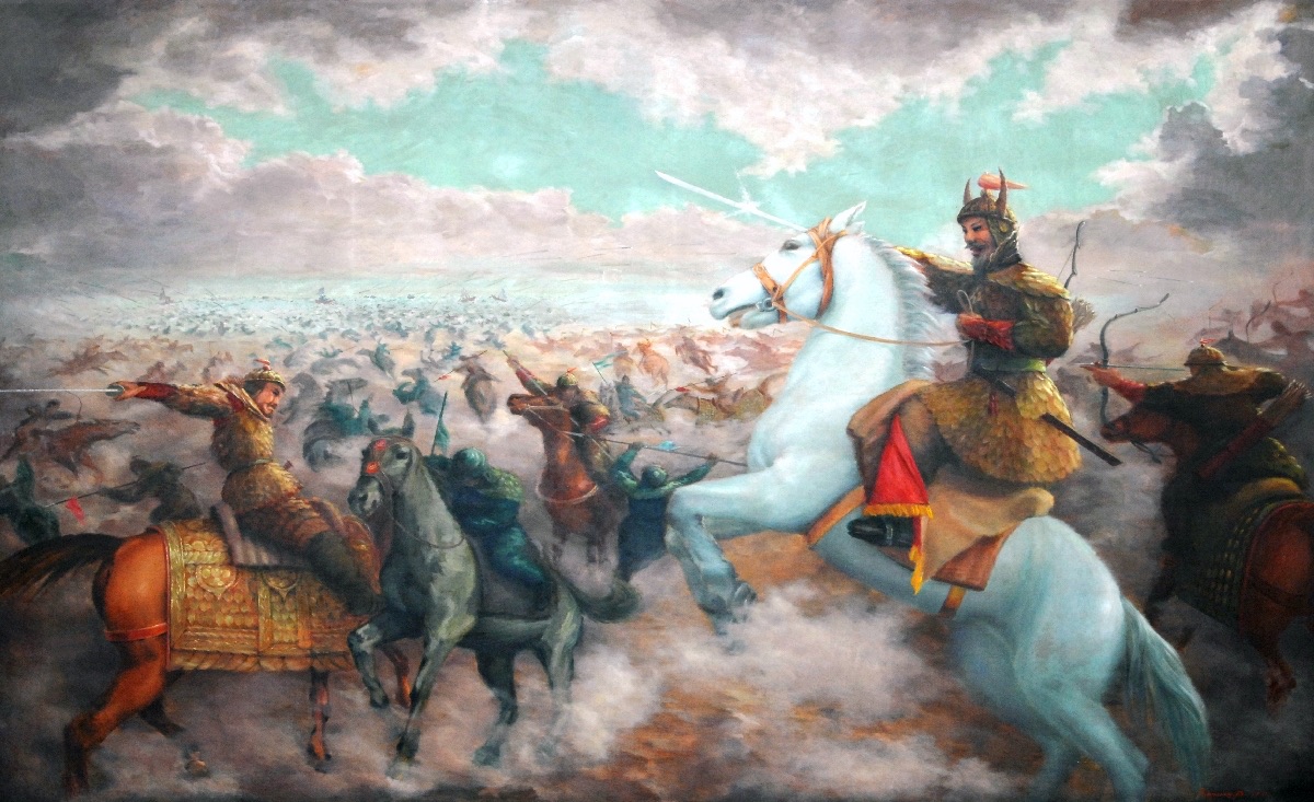 A documentary painting commissioned by the War Memorial of Korea of the Sui army destroyed at the Salsu river in 612. The painters dressed the Goguryeo riders after the tomb murals: lamellar to the knee, plumed helms, and armoured horses with face plates.