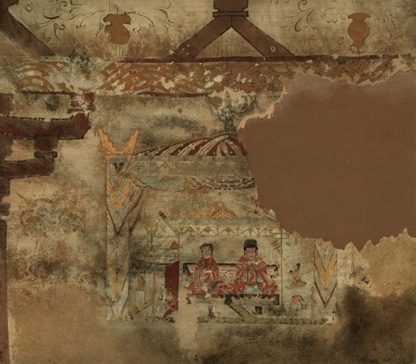 Copy of the Ssangyeongchong mural of the tomb owner and his wife seated side by side on a platform under a canopy, published in 1915. Seated couples like this, in formal robes, are the standard portrait of a Goguryeo noble household.