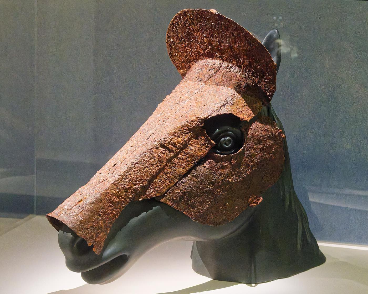 Iron horse helmet from the same tomb at Sara-ri, Gyeongju, with a crest plate and eye openings. With finds such as the Jjoksaem horse armour, it shows that Silla also fielded armoured cavalry.