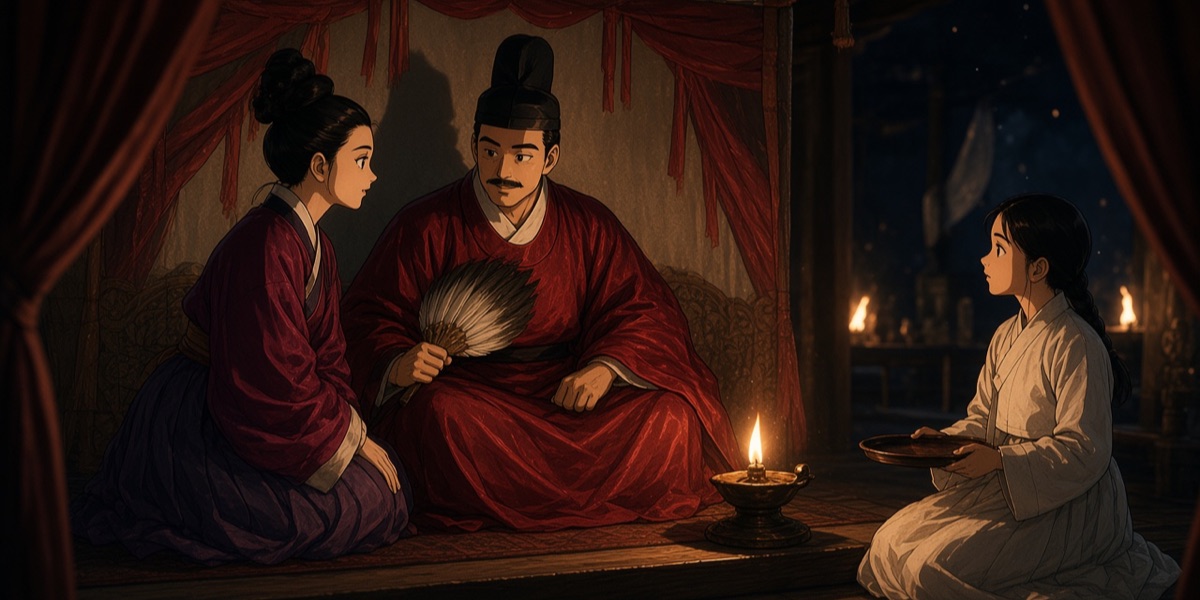 The tomb owner and his wife of Anak Tomb 3 (photographed above) as a living couple. He keeps the mural’s tall black gauze cap and red robe; she keeps the tall coiled hair and the trimmed, layered jacket. Attendants wear plain white.