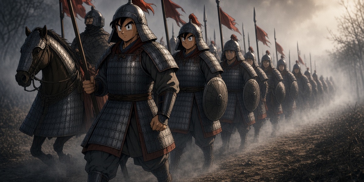 The armoured guard of the Anak Tomb 3 procession on the march: foot soldiers with round shields and spears beside an armoured horse, all in lamellar coats and plumed helms. Steel grey, with Goguryeo red only in the cloth and the banners.