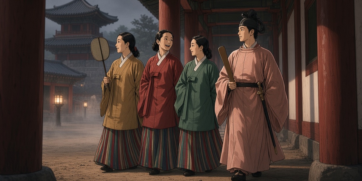 Yamato court dress at an Asuka temple, after the Takamatsuzuka mural and the portrait of Prince Shōtoku: women in long belted jackets over striped pleated skirts, much like Goguryeo’s, and a prince in a round-collared robe with a black cap and a flat baton.