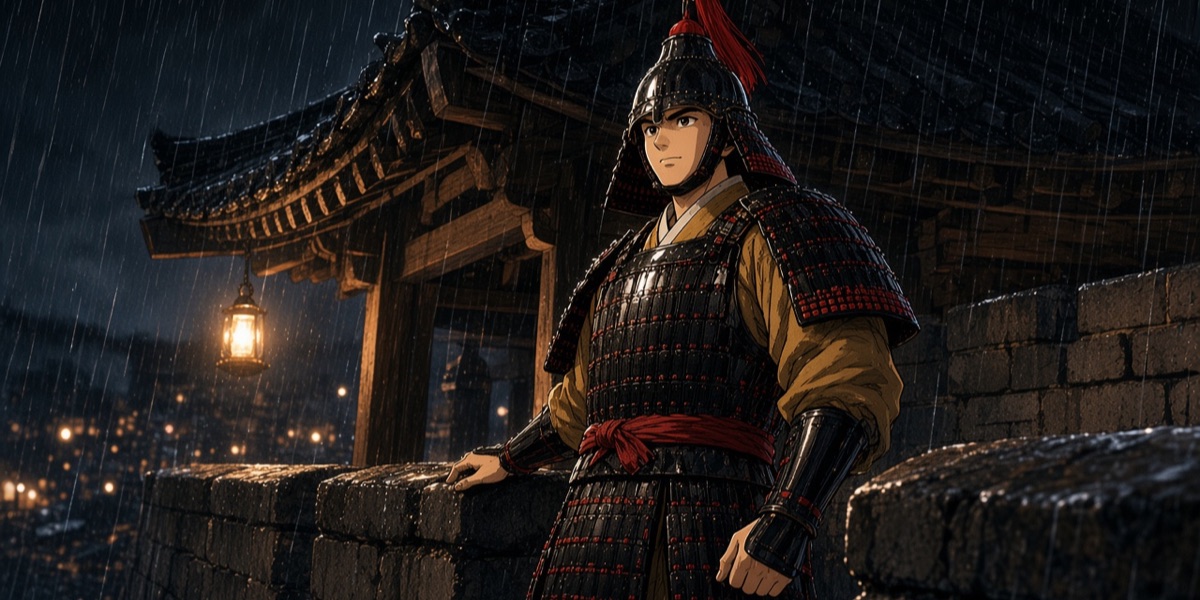 A Baekje officer on a fortress wall in the rain, his lamellar coated in black lacquer and laced with red cords, after the lacquered armour from Gongsanseong. Baekje yellow shows only in the cloth.