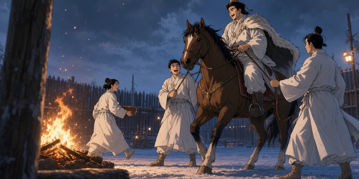 Buyeo as a Chinese visitor described it: at home everyone wears white, wide-sleeved robes and trousers of white cloth with leather boots, lords included. The record says the brocade and gold-trimmed hats came out when they went abroad; here only a winter fur marks the lord.