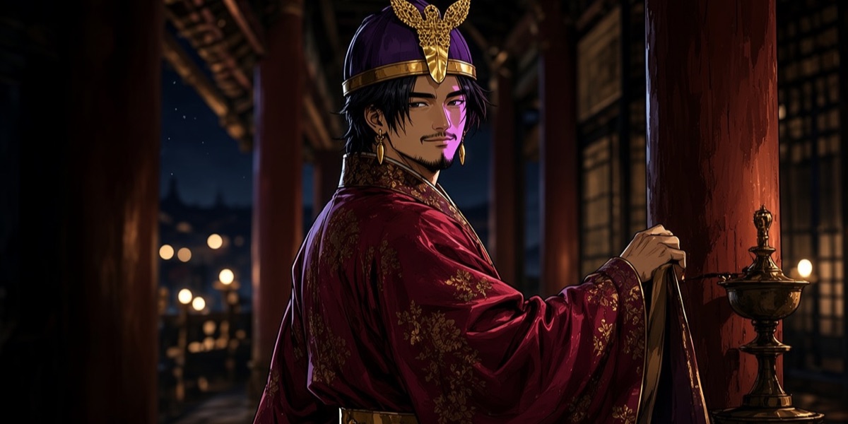 How the story crowns Kim Chunchu before he is king: a purple silk cap with the butterfly-shaped gold ornament from Cheonmachong pinned at the front, its spangles catching the lamp. The ornament is the one photographed above.