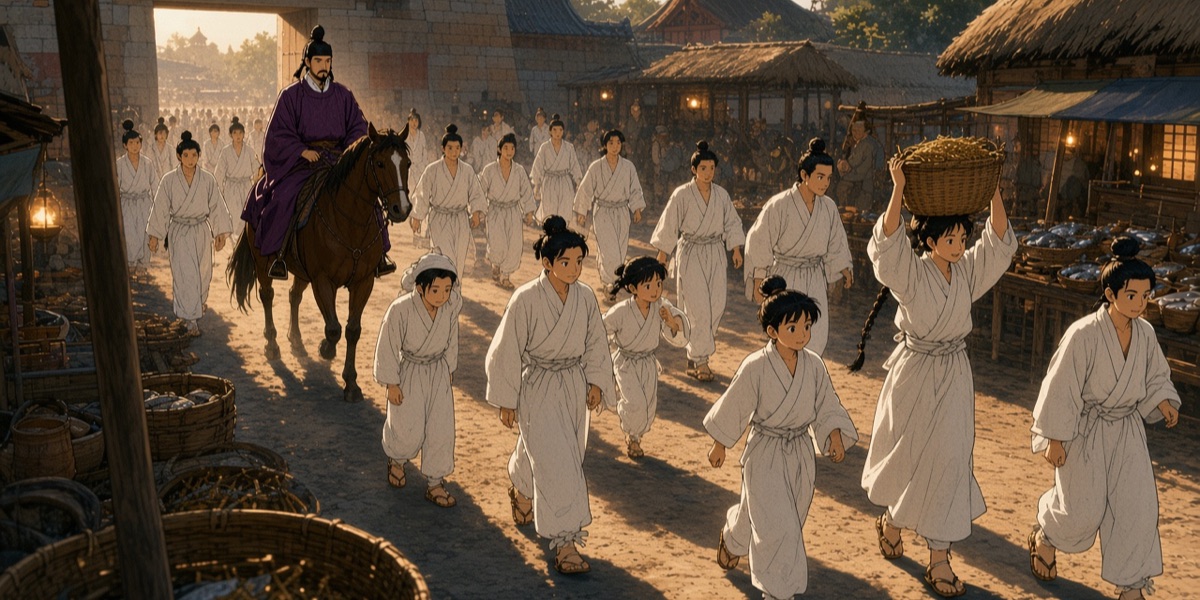 In every kingdom of the story, ordinary people wear simple white: undyed hemp and ramie jackets, wide trousers and skirts, straw sandals. Colour belongs to rank, so the purple of a Silla official stands out of the crowd. The Book of Sui says Silla preferred plain undyed dress.