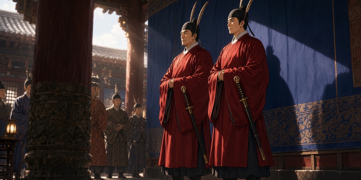 The two feather-capped envoys of the Afrasiyab mural, with the cap of the Liang scroll’s Goguryeo envoy, waiting in a lapis-blue hall of the king of Samarkand. Each carries a straight ring-pommel sword at the hip, as the mural shows.