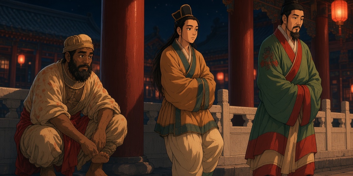 The three envoys of the Wanghoedo waiting outside a Tang audience hall at night, each in the dress the Tang painter gave him: the barefoot Wa envoy, the long-haired Silla envoy in buff, and the bearded Baekje envoy in green banded with red.