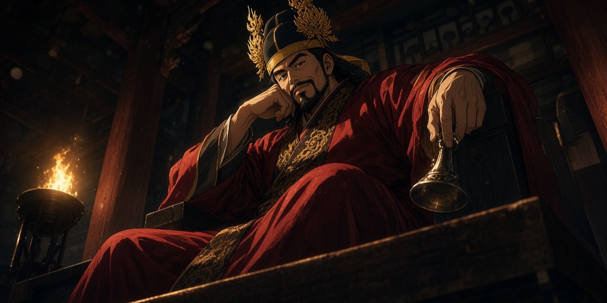 Euija as king: the black silk cap of the Baekje king, its two sides rising in the gold flame-and-honeysuckle sprays of King Muryeong’s diadem ornaments, hung with spangles. The Chinese histories describe the cap; Muryeong’s tomb gave it its gold.