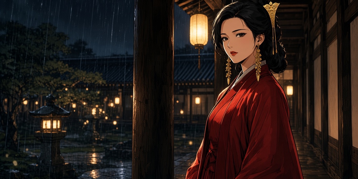 Queen Eungo in a rain-wet corridor at Sabi, wearing the long chain earrings and the gold hairpin of King Muryeong’s queen. Baekje gold is lighter than Silla’s: long chains and small leaves rather than thick rings.