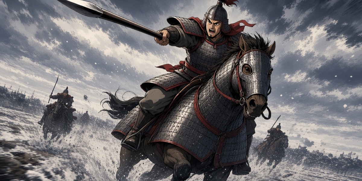 A Goguryeo heavy cavalryman charging with a couched lance, he and his horse both in lamellar, the horse with a steel face plate: the armoured horse of the murals and of the histories.
