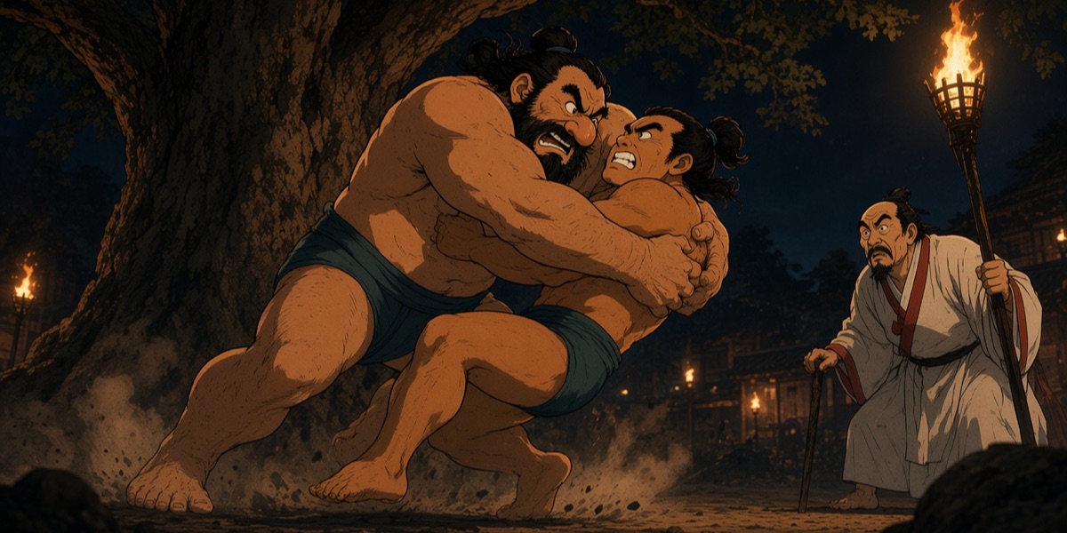 The two wrestlers of the Gakjeochong mural locked in a hold under a tree while an old man leans on his cane and watches. One has the large nose and beard of a foreigner, as in the mural; both wear only short trunks and sashes.