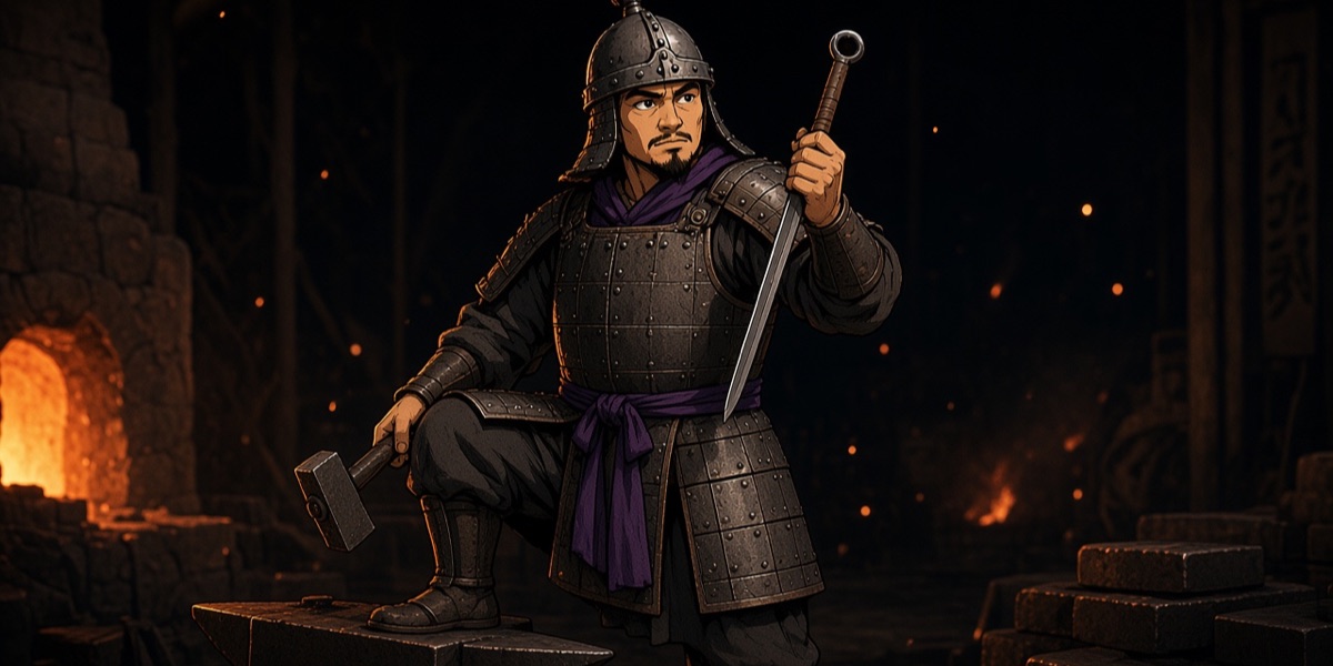 A Gaya smith-warrior in the riveted iron plate cuirass and helmet photographed above, beside a furnace: long strips and triangles riveted into a rigid shell, the older armour that lamellar later replaced.
