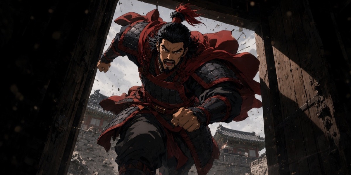 Goguryeo in the story: knee-length lamellar like the murals, with red cloth wings at the shoulders as the kingdom’s colour.