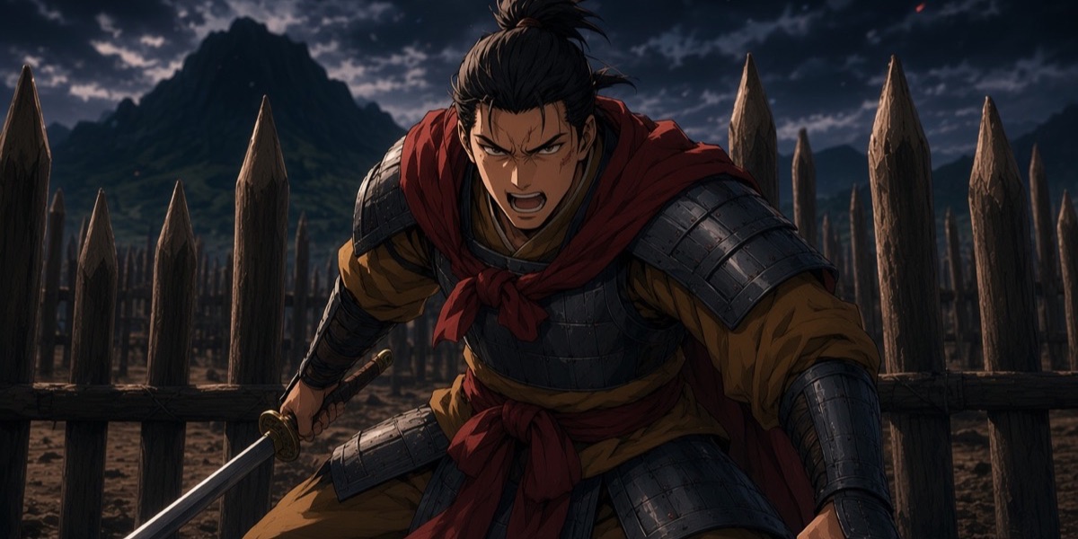 Baekje in the story: the same steel lamellar under a rounded helm, with yellow cloth peeking at the collar and a red sash.