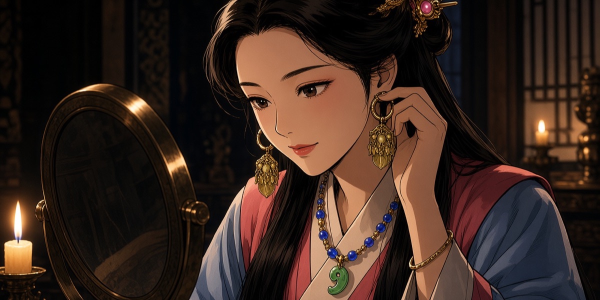 Munhee fastening her earrings at a bronze mirror: thick gold rings hung with leaf pendants, a necklace of gold and blue glass beads with a jade comma at the centre, and a thin gold bracelet, after the Silla tomb finds in this section.