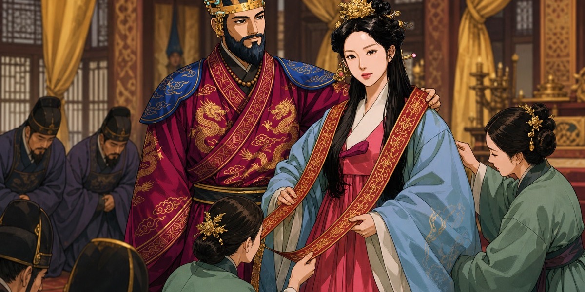 Silla royal dress in the story: the king in the gold tree-and-antler crown, the queen beside him with a smaller gold crown.