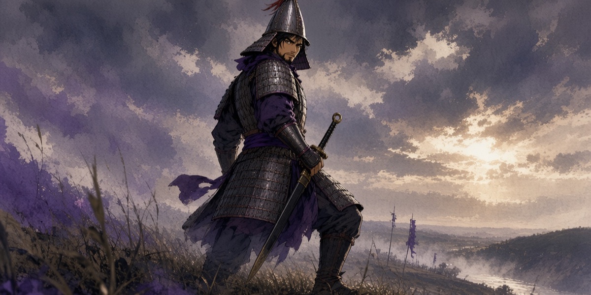How the story dresses Muryuk while he is still a prince of Geumgwan Gaya: steel lamellar, the tall cone-shaped Gaya helm, and Gaya purple only at the collar, cuffs and sash. The helm follows the Gimhae replica in this section.