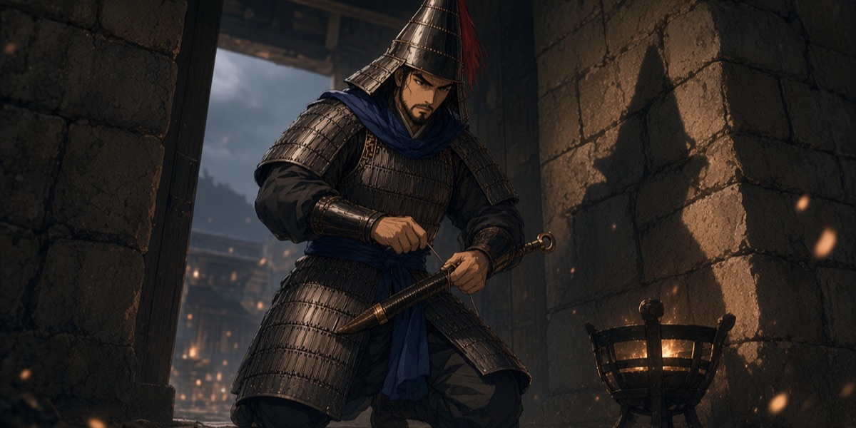 The same man after Gaya surrenders and he becomes a Silla general: long laced lamellar after the Jjoksaem find, the tall pointed Silla helm, and Silla blue where the purple used to be. Same face, same sword, a different kingdom’s kit.