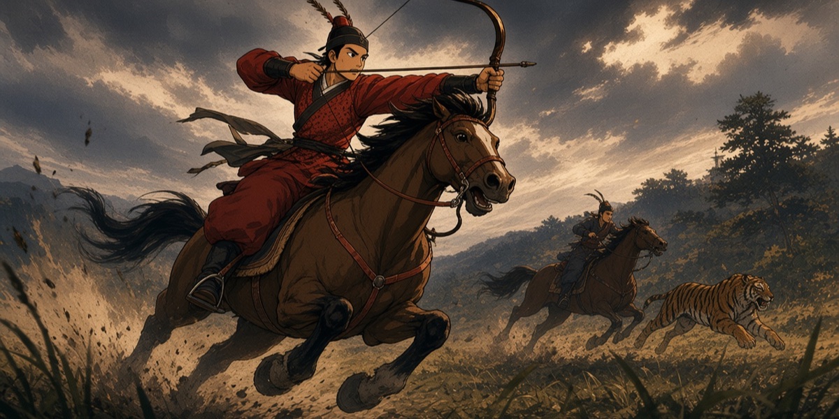 The riders of the Muyongchong hunting mural at full gallop, twisting in the saddle to shoot backwards, two long feathers swept back from each cap. The mural is the best picture of the Goguryeo feather cap in motion.