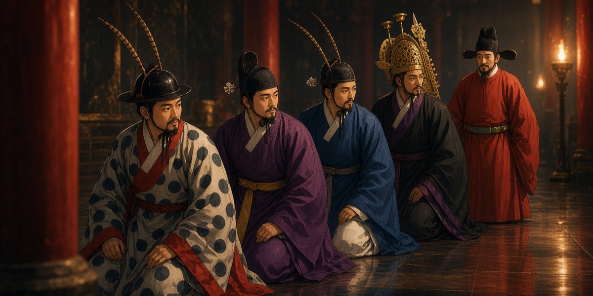 Officials of five courts side by side, after the costume records on this page. From the front: Goguryeo (dotted jacket, feather cap), Baekje (purple robe, silver flower on a black cap), Silla before 649 (blue robe, feather cap), a Gaya lord in a pointed openwork gilt-bronze cap, and the Tang host in a vermilion round-collared robe and winged black cap.