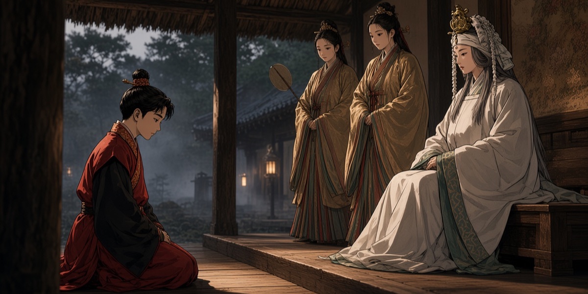 Prince Pung of Baekje, raised as a guest at the Yamato court, kneels before Empress Saimei. His red Baekje silk is the only red in a pale Asuka room; the court women behind him wear the belted jackets and striped pleated skirts of the Takamatsuzuka mural.