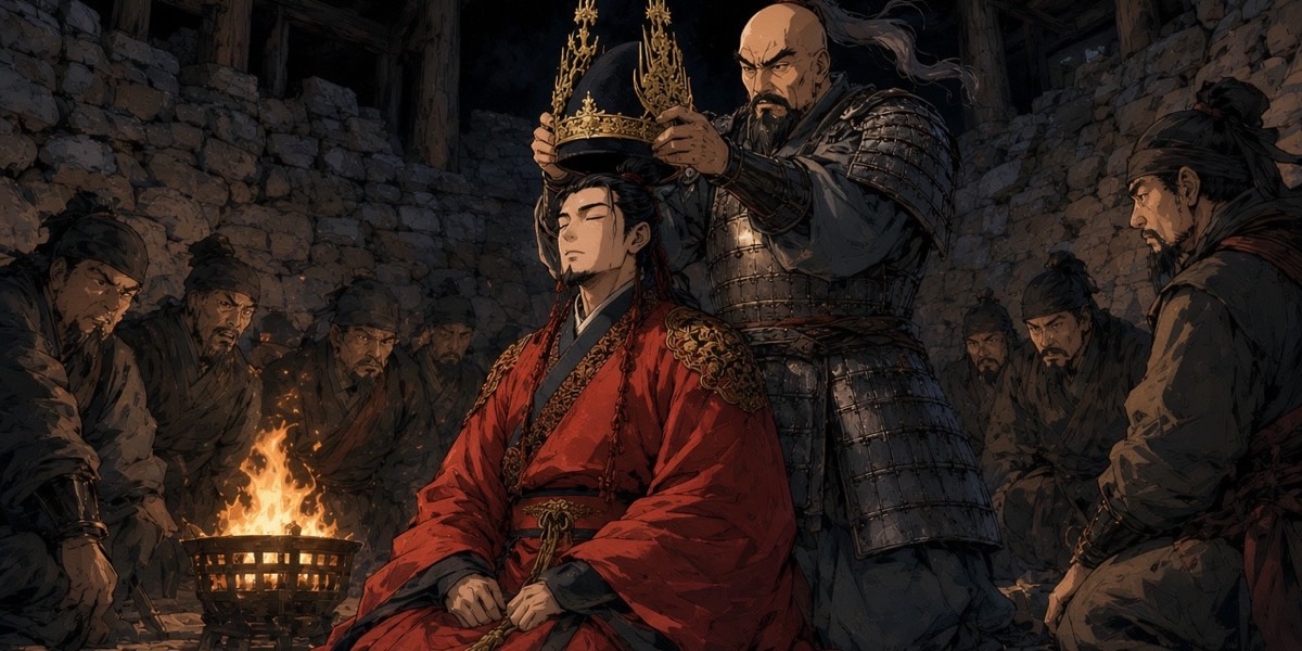 A black silk cap with twin gold flame ornaments, after King Muryeong’s cap ornaments, lowered onto the last claimant to the Baekje throne.