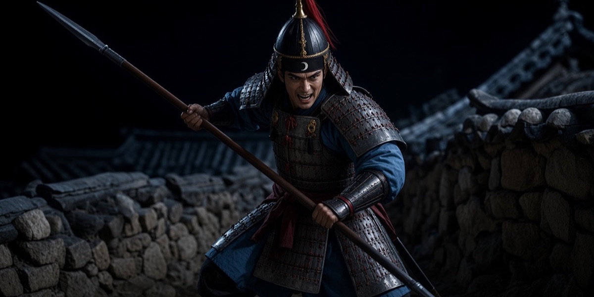 A teenage Silla officer in the same kit at the charge: steel lamellar, pointed helm, and his own ice-blue in the cloth that shows between the plates.