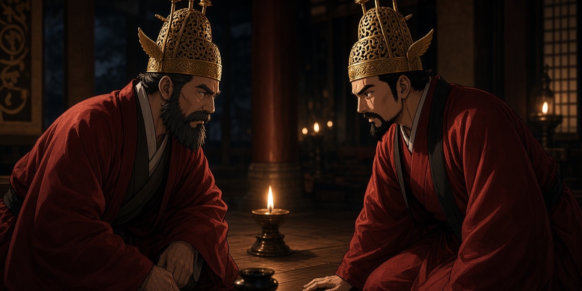 Two lords of the Satek clan at a night audience. They wear the tall pointed gilt-bronze caps of the Baekje great clans, after the Sinchon-ri and Ipjeom-ri finds, with a pair of gold wings on the sides: the Book of Zhou says wings were added to the cap for audiences and sacrifices, and never in war.