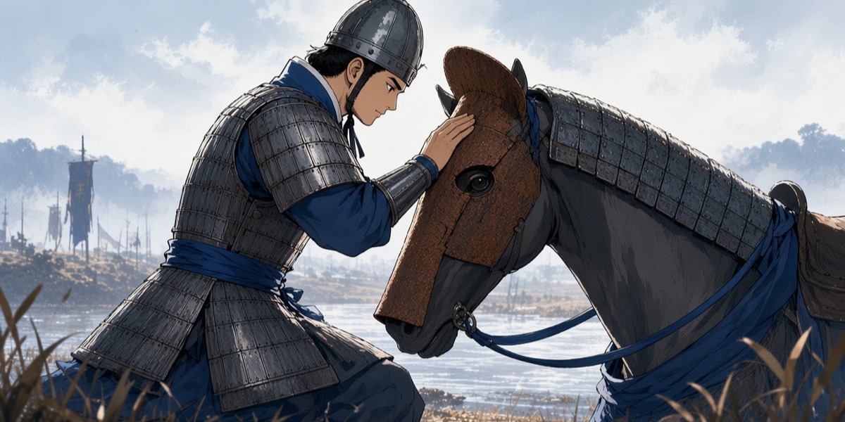 A Silla rider in long laced lamellar and a tall pointed helm, his hand on the iron face plate of his horse, both after the Sara-ri finds photographed above.