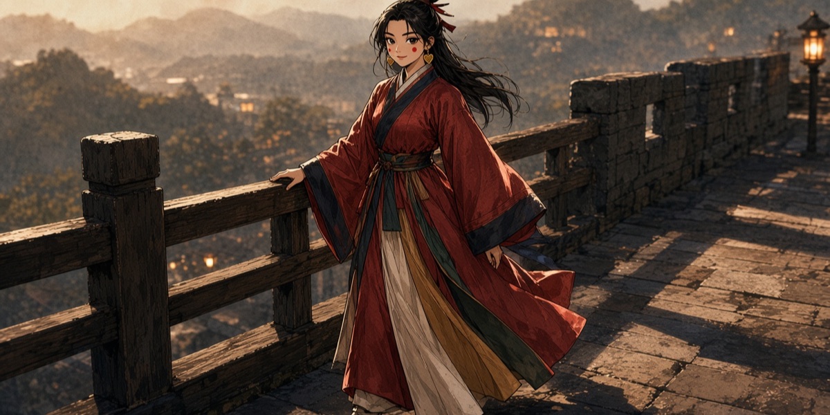 Out of armour, Yeon Sooyoung wears the dress of the Susan-ri noblewoman: tall looped hair, rouge dots on the cheeks, a long banded jacket and a skirt pleated in stripes of red, white, ochre and green. She still walks like a soldier.