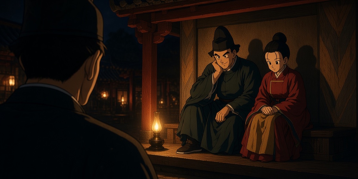 The tomb owner and his wife of the Ssangyeongchong mural (photographed above) sitting on their platform by lamplight. He wears a tall black cap and a dark robe; she wears her hair in a knot and a red jacket edged at the collar over a two-tone skirt.