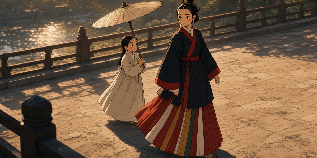 The noblewoman of the Susan-ri mural walking under a parasol held by a servant in white: tall looped hair, red dots of rouge on the cheeks, a long banded jacket and a skirt pleated in stripes of red, white, ochre and green.