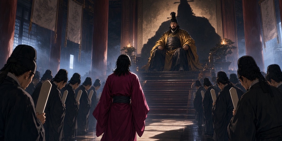 Tang officials in two bowed lines before the emperor, the court where Chunchu asks to take Tang dress home to Silla.