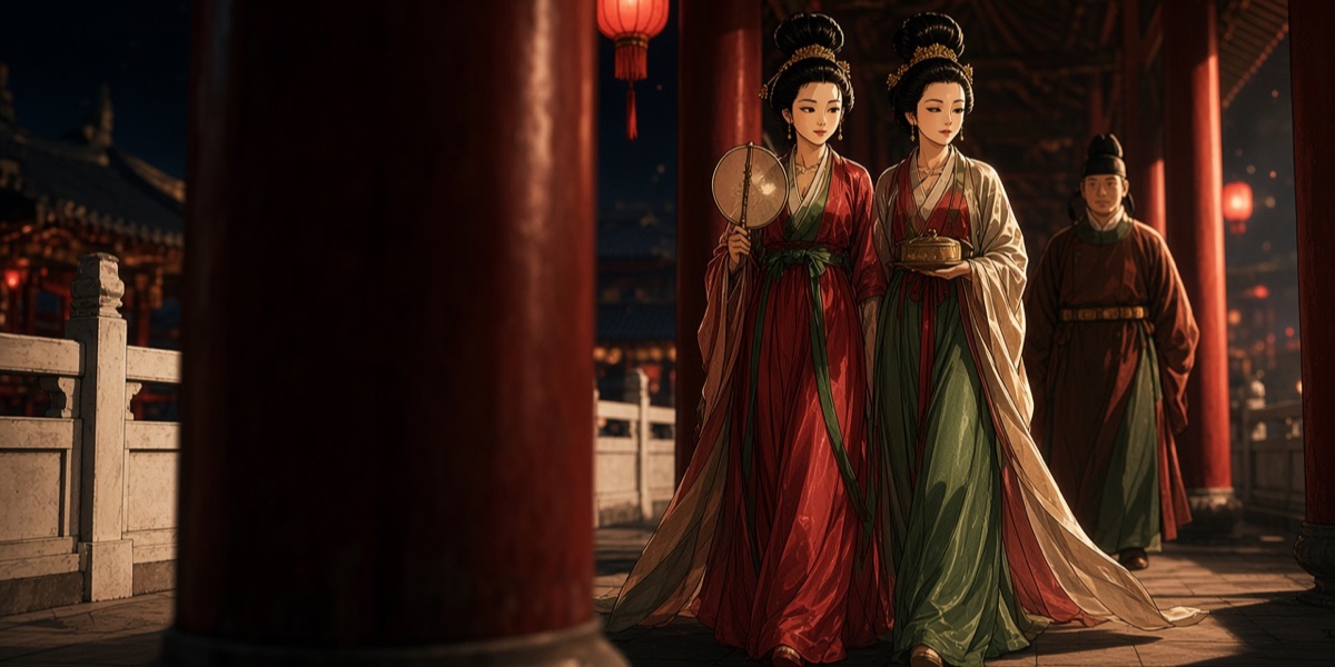 Tang court dress at night in Chang’an, after the Princess Yongtai mural: high looped chignons with gold combs, short jackets, long skirts tied high under the bust, and translucent shawls trailing on the floor. Behind them an official in a round-collared robe and soft black cap.