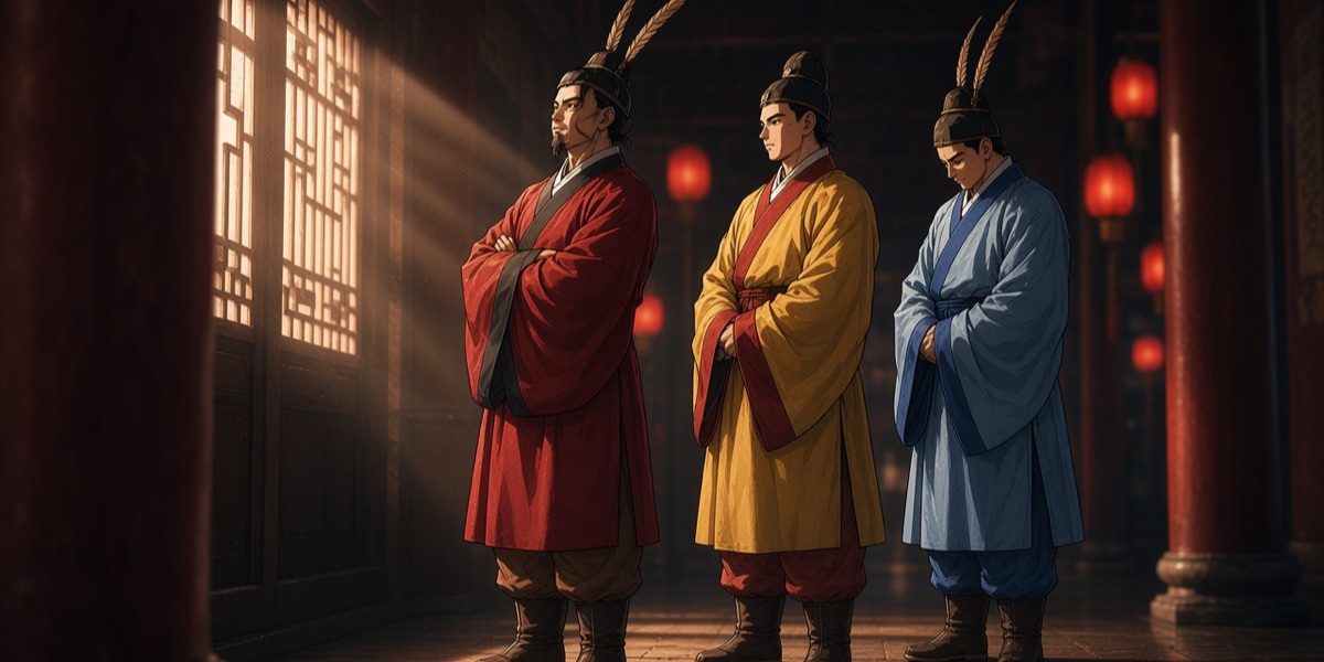 The envoys of Goguryeo, Baekje and Silla painted side by side in the Tang scroll Wanghoedo, waiting in a Tang palace corridor. Their dress follows the scroll: feather caps on the Goguryeo and Silla envoys, a black cap on the Baekje envoy, wide trousers and boots under trimmed coats.